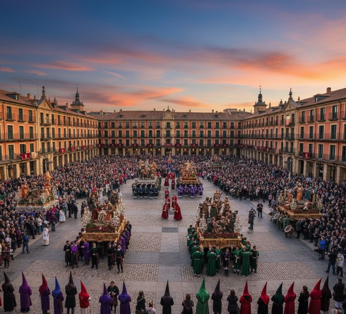 Procesión de Semana Santa cruzando la Plaza Mayor de Valladolid, con pasos religiosos, cofrades con capirotes y gradas llenas de público.