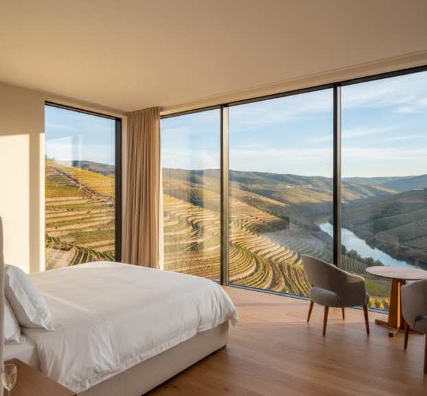 Dormitorio con grandes ventanales y vistas panorámicas a los viñedos en terrazas de una Quinta.