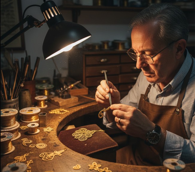 Primer plano de un orfebre artesano en Gondomar, Portugal, trabajando en una delicada pieza de filigrana de oro.