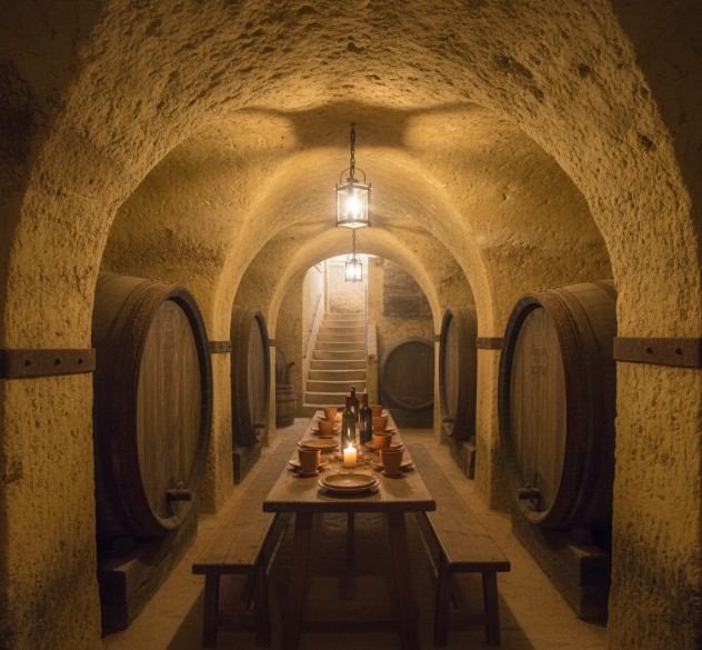 Interior de una bodega subterránea tradicional en Aranda de Duero