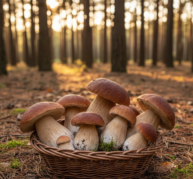 Cesta de Boletus Edulis recién recogidos en los pinares de Covaleda
