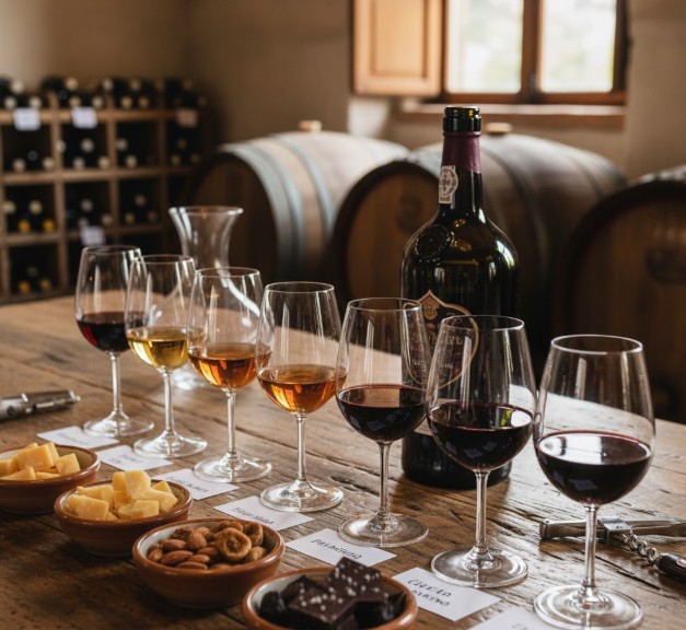 Detalle de una cata de vino de Oporto con copas y muestras en una mesa de madera de una Quinta.