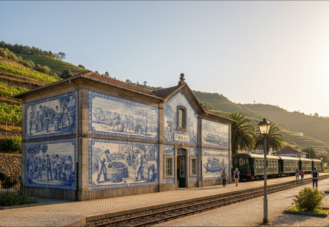 Estación de tren de Pinhão, decorada con azulejos que representan escenas de la vendimia.
