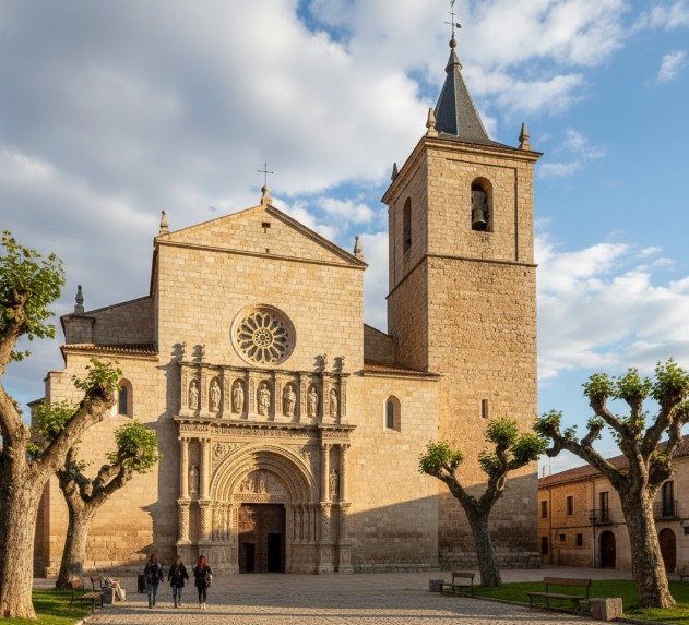 Fachada de piedra de la Iglesia del Salvador en Simancas, dominada a su izquierda por una imponente y robusta torre campanario de estilo románico.