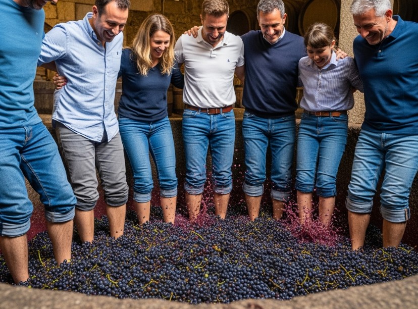 Visitantes pisando uva en un lagar de granito tradicional durante la vendimia en una Quinta.