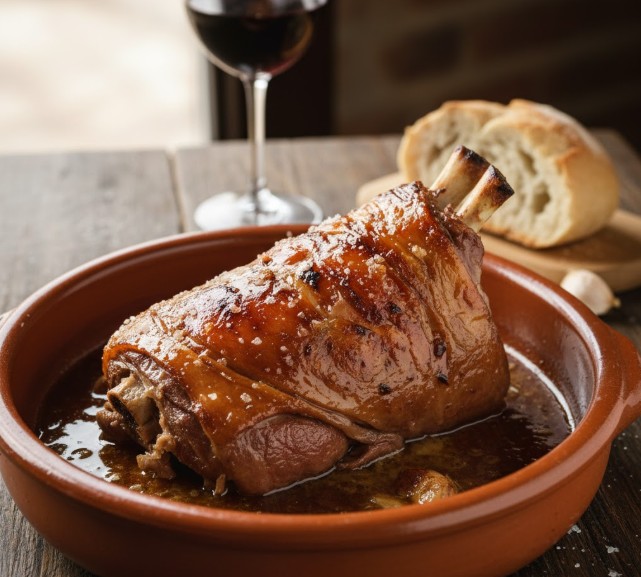 Lechazo asado tradicional en cazuela de barro, especialidad de Aranda de Duero