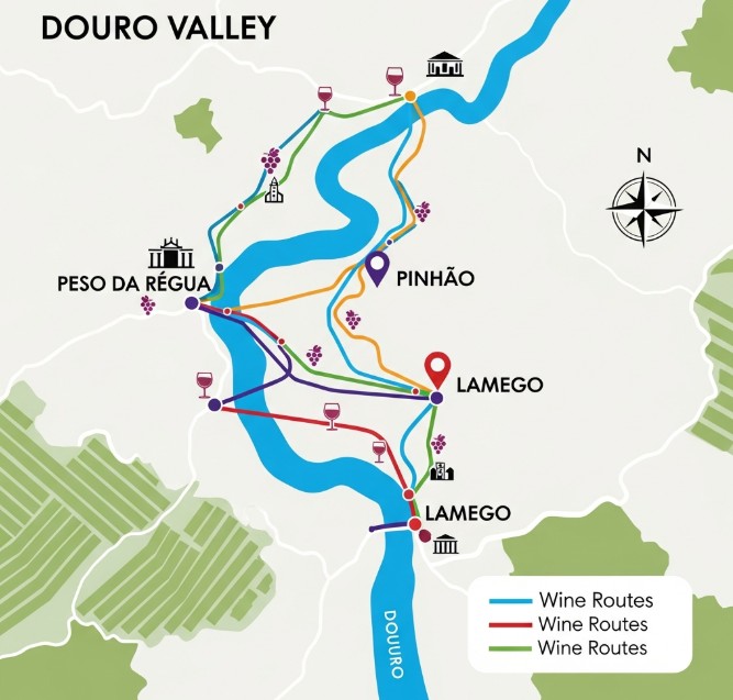Mapa esquemático de las rutas de vino del Duero, indicando Peso da Régua, Pinhão y Lamego.