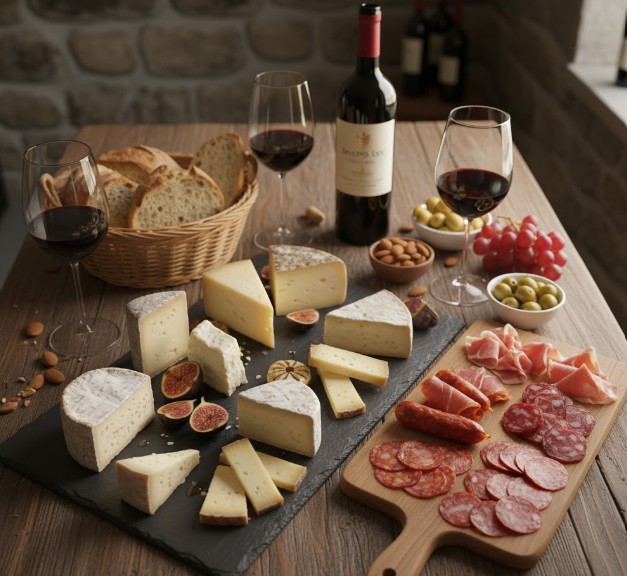 Mesa de maridaje con quesos, embutidos y pan, junto a copas de vino tinto Douro DOC.