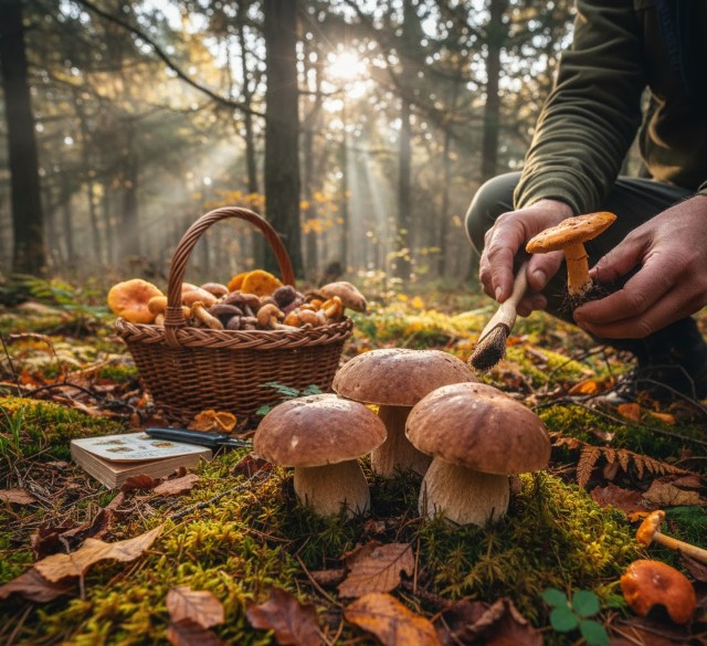Cesta de mimbre con boletus y otras setas recién recolectadas en un bosque de pinares en Soria.