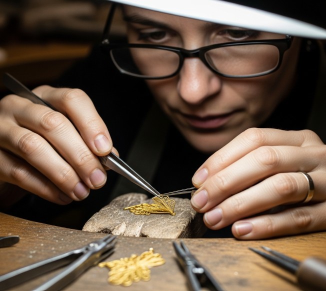 Artesano joyero soldando hilos de oro en un taller de filigrana en Gondomar.