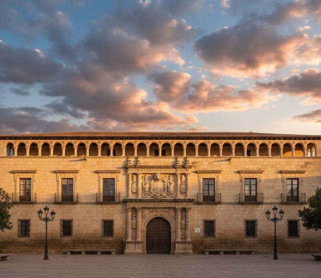 Fachada renacentista del Palacio de los Hurtado de Mendoza, con sus galerías y arcos, en Almazán, Soria.