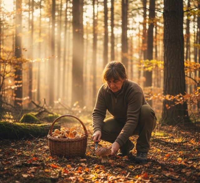 Persona recolectando setas con una cesta de mimbre en un bosque de Soria