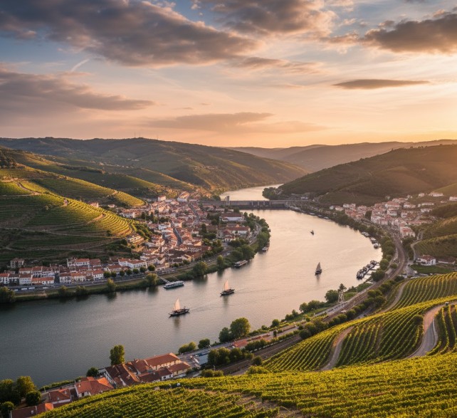 Panorámica de Peso da Régua y el río Duero con los viñedos en terrazas