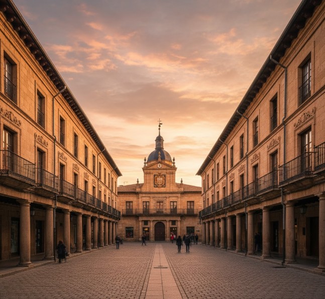 La Plaza Mayor de Burgo de Osma con sus soportales y el Ayuntamiento