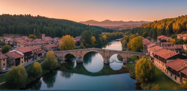 Vista icónica de Salduero con su puente de piedra sobre el río Duero