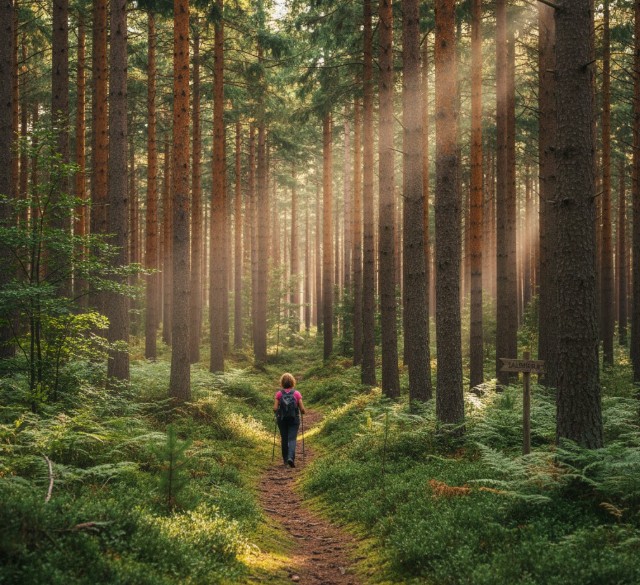Senderista caminando por un bosque de pino albar cerca de Salduero