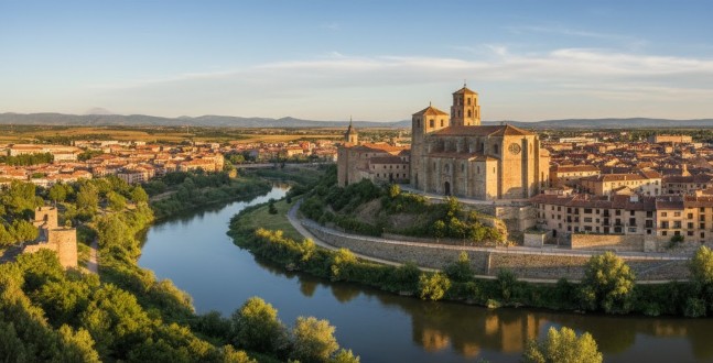Panorámica de Soria capital con el río Duero y la Concatedral de San Pedro al fondo