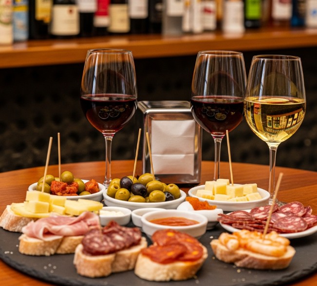 Mesa con tapas y vino en un bar de Gondomar, cerca de Oporto.