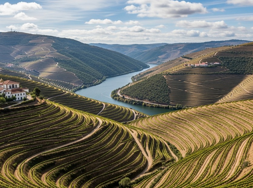 Vista panorámica de los viñedos en terrazas del Duero con el río y una Quinta en el horizonte.
