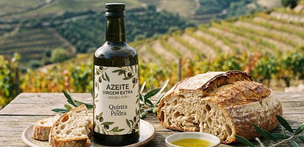 Botella de aceite de oliva virgen extra del Douro con pan rústico.