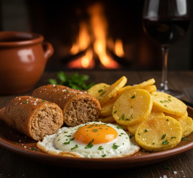 Plato de Alheira frita servida con un huevo estrellado y patatas