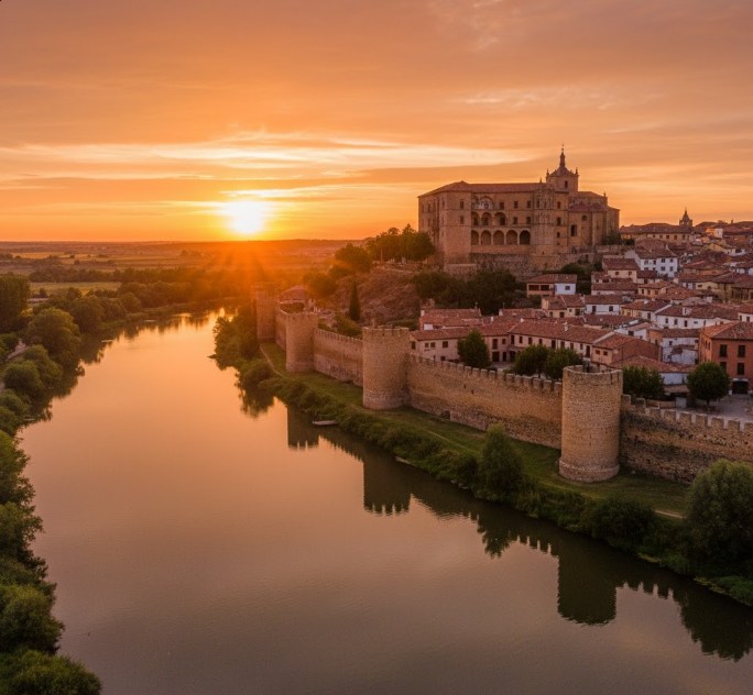 Vista panorámica de Almazán con el río Duero, la muralla y el Palacio de los Hurtado de Mendoza