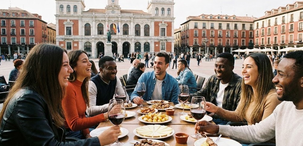 Grupo de amigos disfrutando de tapas y vino en una terraza de Valladolid.