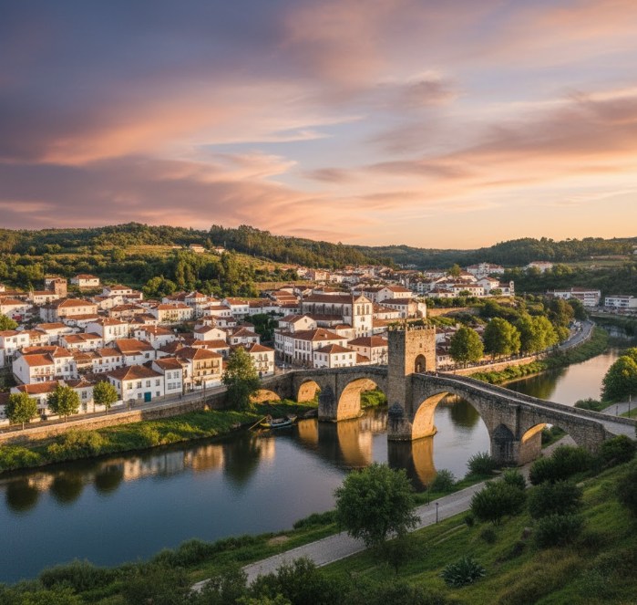 Vista panorámica de Amarante con el río Támega y el Puente de São Gonçalo al fondo