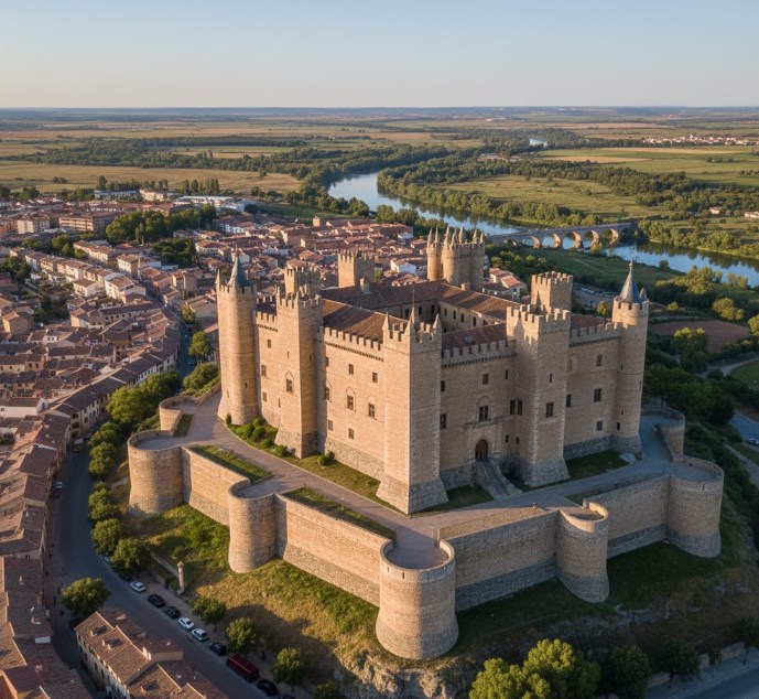 Vista aérea del Archivo General de Simancas, un imponente castillo fortificado.