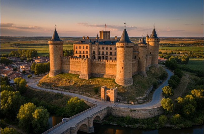 Vista exterior del Castillo de Simancas, una gran fortaleza de piedra con torres circulares y un foso, sede actual del Archivo General.