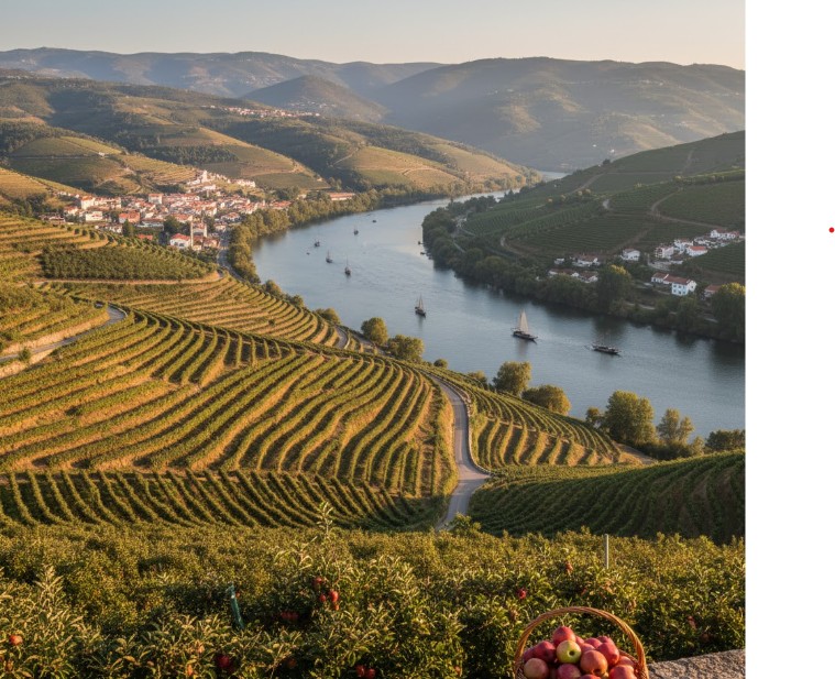 Paisaje de manzanos y Douro en Armamar