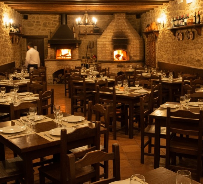 Interior de un asador tradicional de San Esteban de Gormaz con mesas de madera.