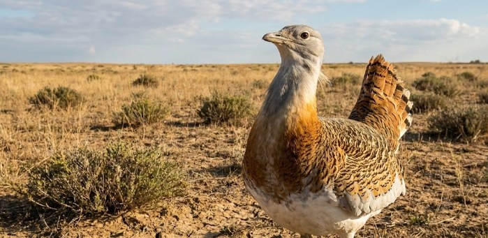 Primer plano de una avutarda común, el ave emblema de la reserva y el ave voladora más pesada del mundo, en su hábitat estepario en Villafáfila.