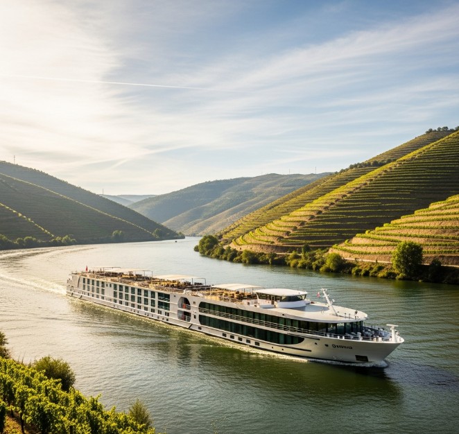 Crucero fluvial en el Duero pasando junto a las terrazas de viñedos.