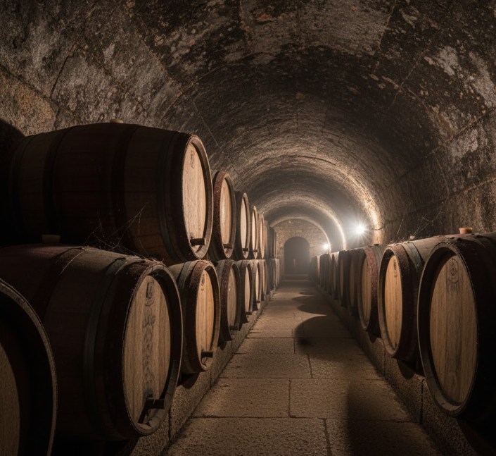 Barricas de roble en bodega subterránea de Fermoselle