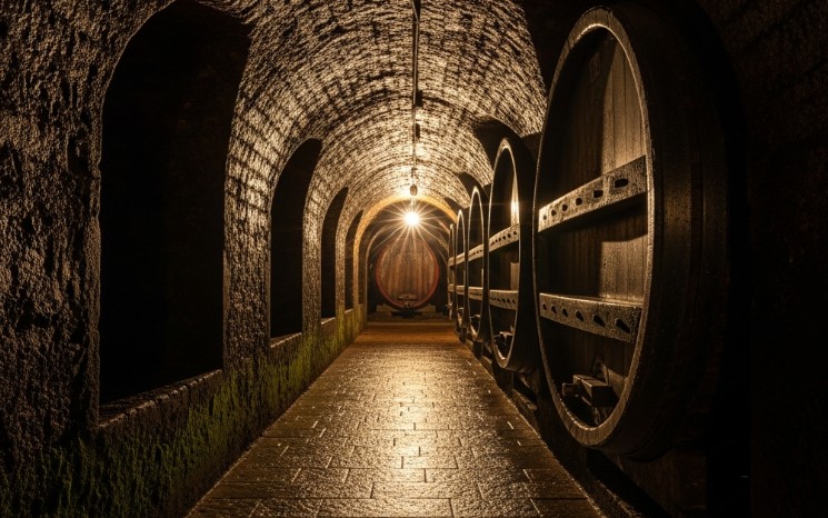 Perspectiva de un oscuro y abovedado túnel de piedra, con barricas de vino apiladas a los lados, representando una bodega subterránea medieval en Aranda de Duero.