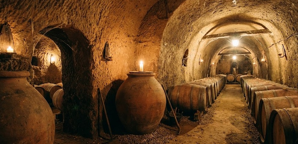 Bodega tradicional subterránea en Cigales con tinajas y barricas.