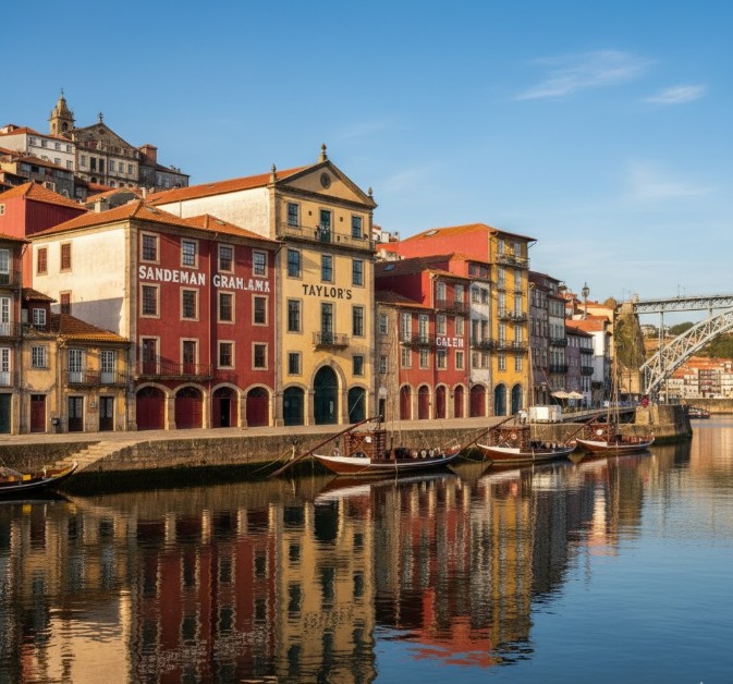 Fachadas de las bodegas de vino de Oporto a lo largo de la ribera de Vila Nova de Gaia.