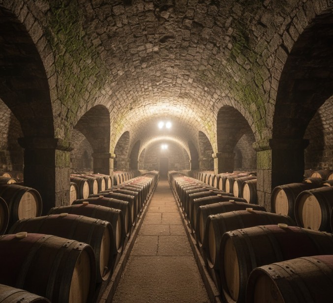 Barricas de vino en una bodega subterránea de Toro