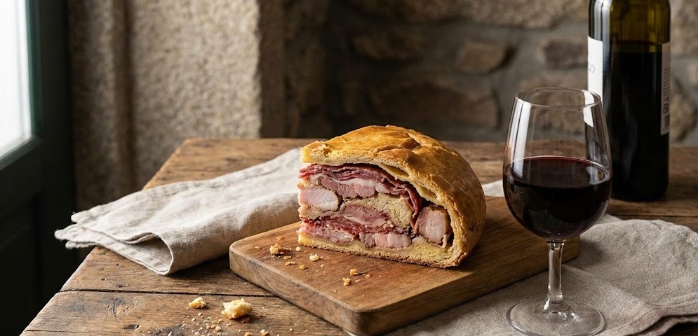 Trozo de Bôla de Lamego tradicional acompañada de una copa de vino tinto.