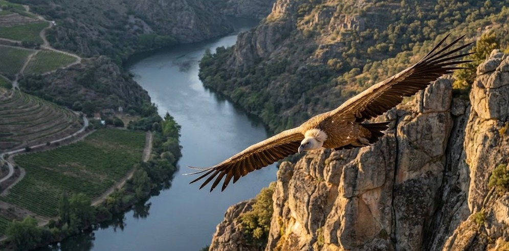 Buitre leonado planeando sobre los acantilados de los Arribes del Duero.