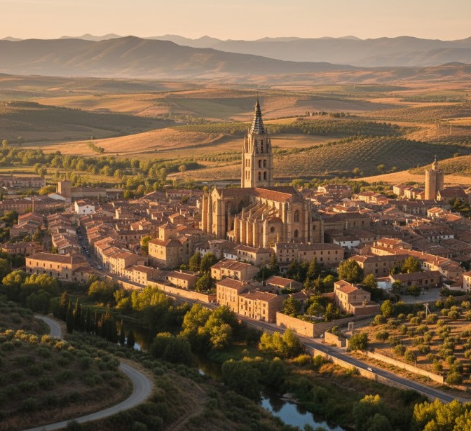 Vista del pueblo de Burgo de Osma y su catedral, cerca de San Esteban de Gormaz.