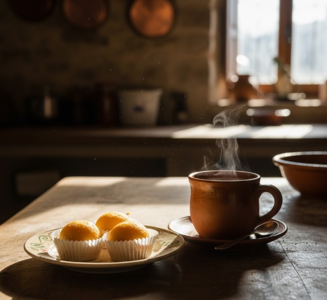 Yemas de Tordesillas servidas con una taza de café.