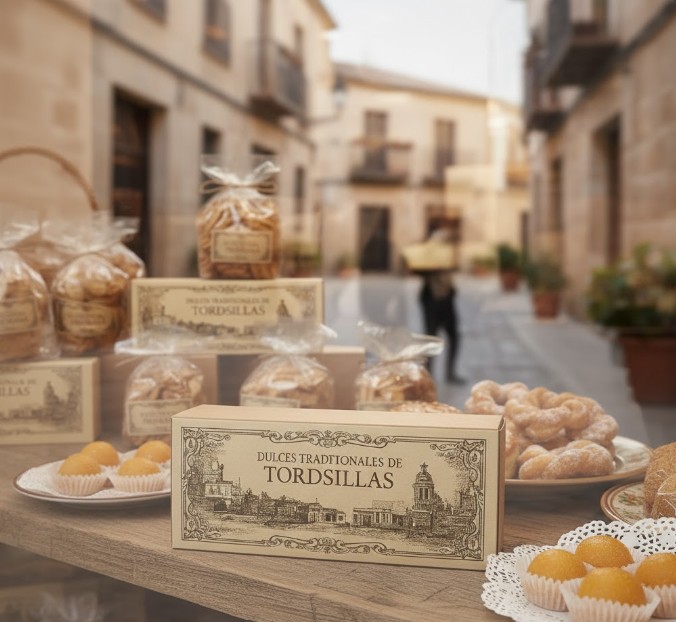 Caja tradicional de Yemas de Tordesillas en el escaparate de una confitería.