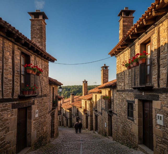 Calle de Salduero con casonas de piedra y chimeneas cónicas