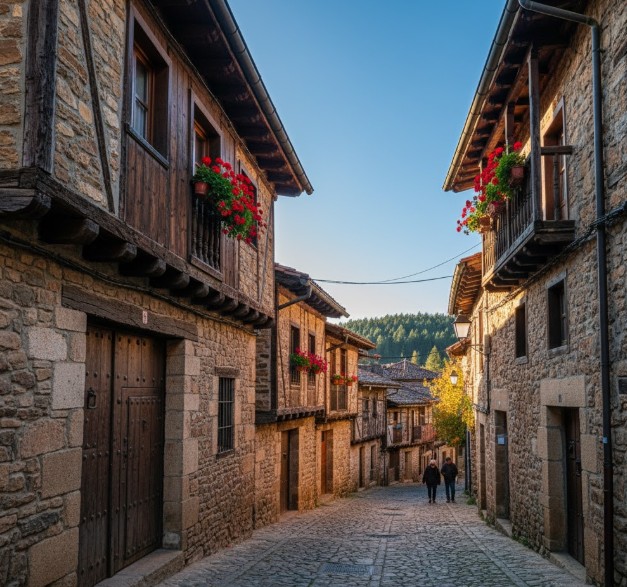 Calles de Covaleda con su arquitectura tradicional serrana de piedra y madera