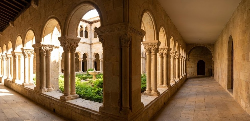 Perspectiva inmersiva del Claustro de Valbuena, enfocada en la armonía de sus arcos de medio punto y la elegancia de las columnas dobles con capiteles labrados. La luz suave entra lateralmente en el corredor de piedra, iluminando el jardín interior y transmitiendo una atmósfera de paz, silencio y espiritualidad monástica.