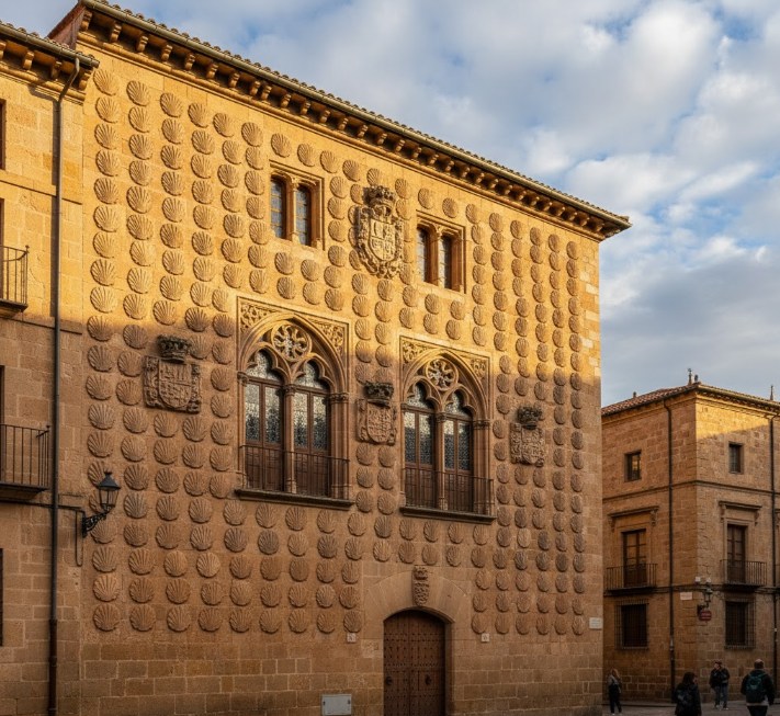 Fachada de la Casa de las Conchas en Salamanca con conchas de piedra