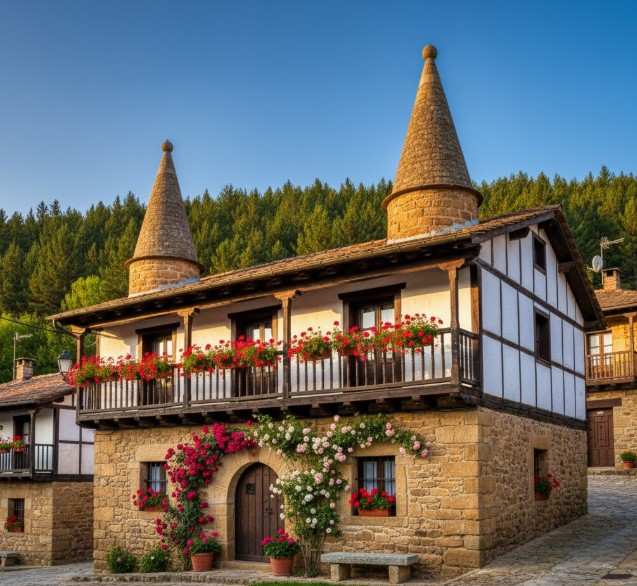 Casa rural de piedra y madera con flores en Salduero