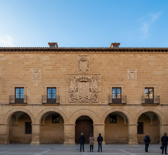 Fachada histórica de las Reales Casas del Tratado de Tordesillas, destacando el escudo de los Reyes Católicos en la entrada.